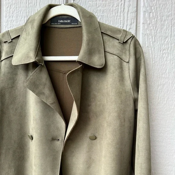 Zara Basic full length faux suede army green button up collared trench coat - Picture 3 of 15